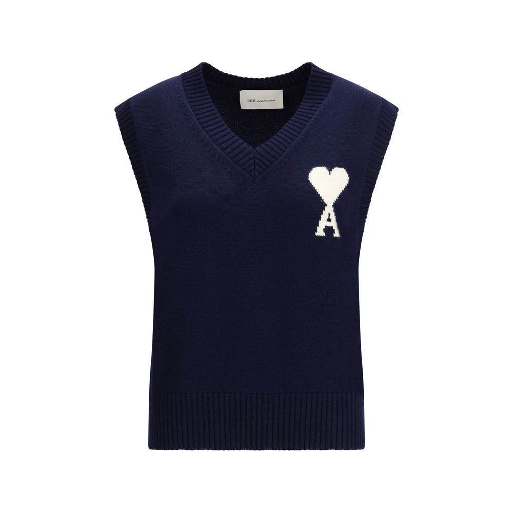 Pull sans manche en laine polaire bleue Ami Paris