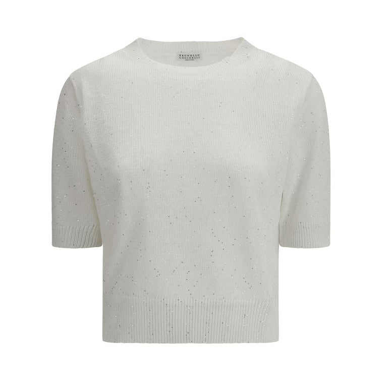 Pull manches courtes blanches en coton Brunello Cucinelli