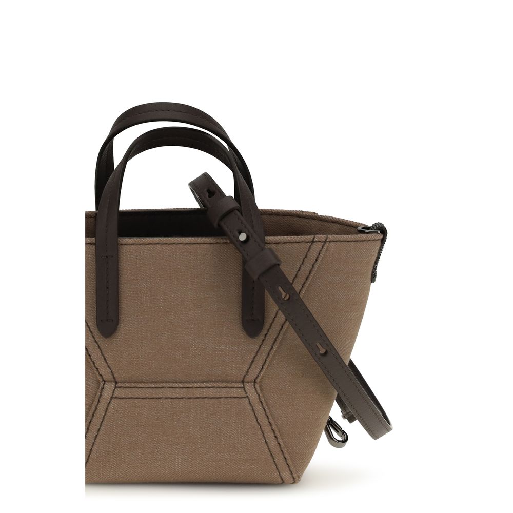 Sac à main cabas en tissu beige Brunello Cucinelli