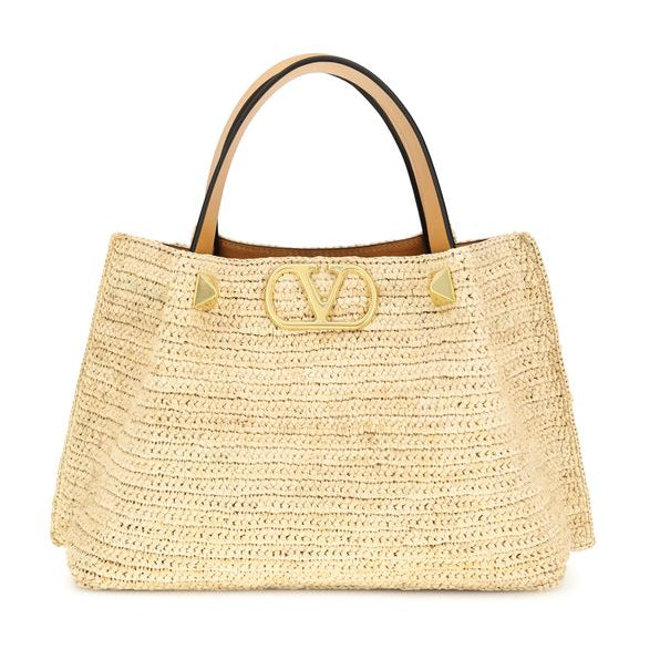 Sac à main cabas en raphia beige Valentino