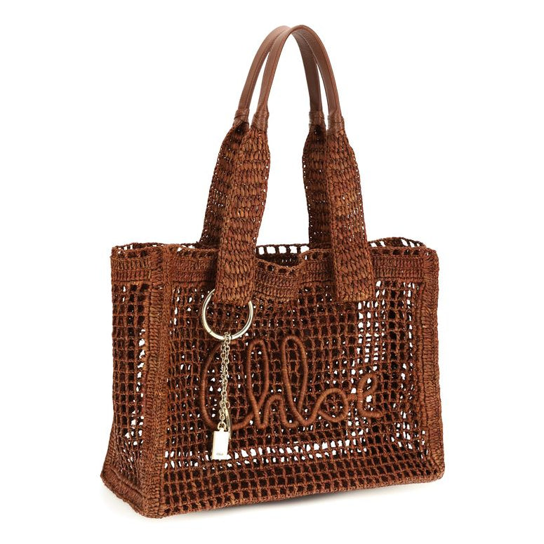Sac à main cabas en raphia marron Chloé