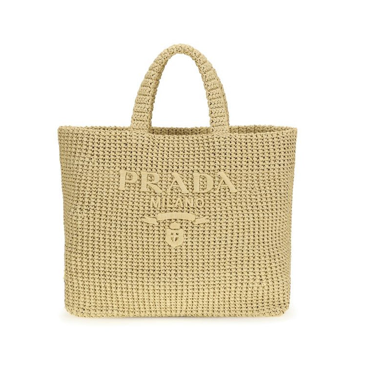 Sac à main cabas en raphia beige Prada