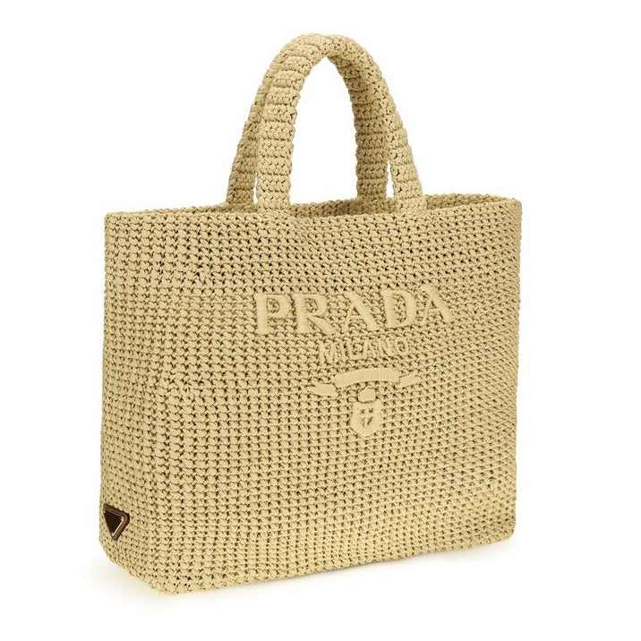Sac à main cabas en raphia beige Prada