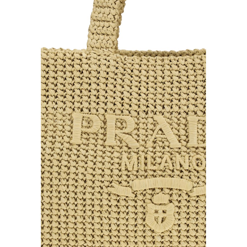 Sac à main cabas en raphia beige Prada