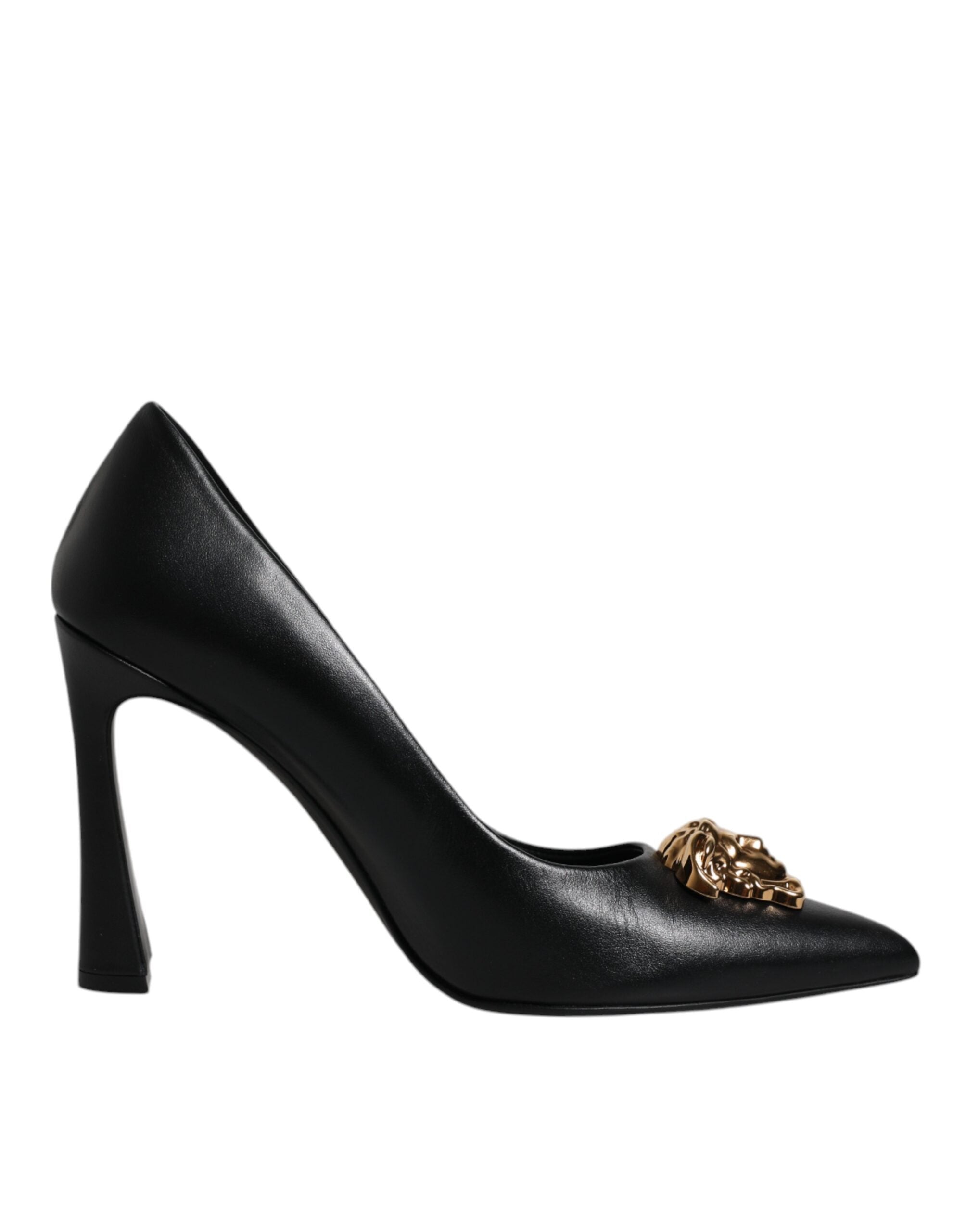 Escarpins à talons hauts en cuir noir avec plaque logo Versace